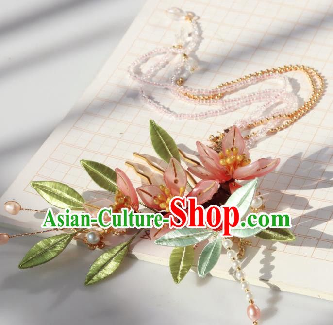 Chinese Ancient Hanfu Beads Tassel Hairpin Traditional Ming Dynasty Pink Flowers Hair Comb Chinese Ancient Hanfu Beads Tassel Hairpin Traditional Ming Dynasty Pink Flowers Hair Comb