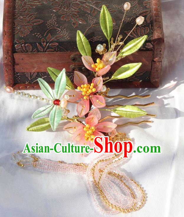 Chinese Ancient Hanfu Beads Tassel Hairpin Traditional Ming Dynasty Pink Flowers Hair Comb Chinese Ancient Hanfu Beads Tassel Hairpin Traditional Ming Dynasty Pink Flowers Hair Comb