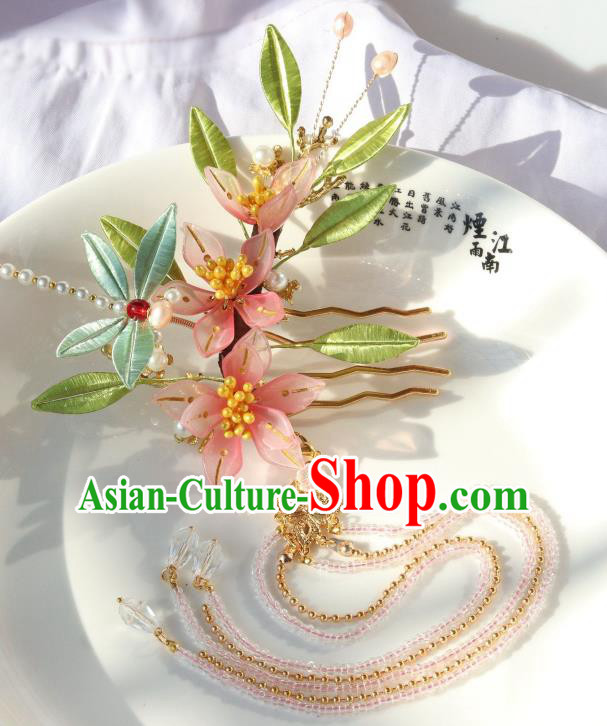 Chinese Ancient Hanfu Beads Tassel Hairpin Traditional Ming Dynasty Pink Flowers Hair Comb Chinese Ancient Hanfu Beads Tassel Hairpin Traditional Ming Dynasty Pink Flowers Hair Comb