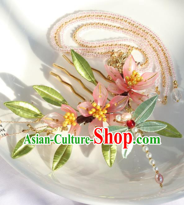 Chinese Ancient Hanfu Beads Tassel Hairpin Traditional Ming Dynasty Pink Flowers Hair Comb Chinese Ancient Hanfu Beads Tassel Hairpin Traditional Ming Dynasty Pink Flowers Hair Comb