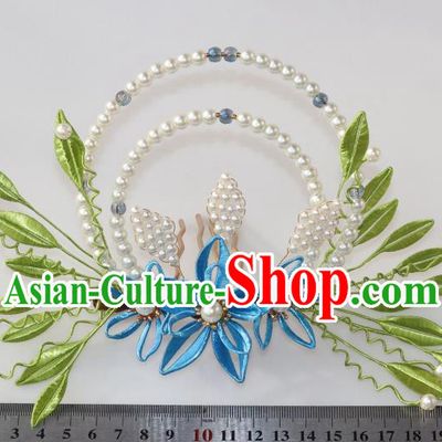 Chinese Ancient Hanfu Pearls Hair Comb Traditional Ming Dynasty Blue Silk Flowers Hair Crown