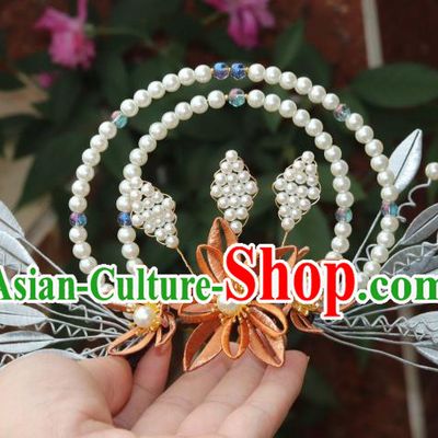 Chinese Traditional Ming Dynasty Orange Silk Flowers Hair Crown Ancient Hanfu Pearls Hair Comb