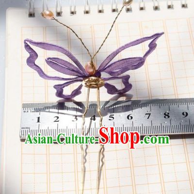 Chinese Handmade Hanfu Pearls Hairpin Ancient Princess Purple Silk Butterfly Hair Stick