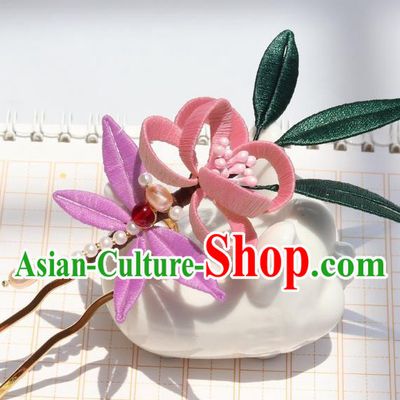 Chinese Handmade Hanfu Pink Flowers Hairpin Ancient Palace Lady Pearls Dragonfly Hair Stick