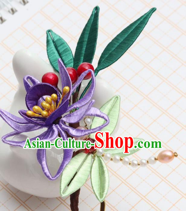Chinese Ancient Princess Purple Silk Flower Hair Stick Handmade Song Dynasty Court Pearls Hairpin Chinese Ancient Princess Purple Silk Flower Hair Stick Handmade Song Dynasty Court Pearls Hairpin