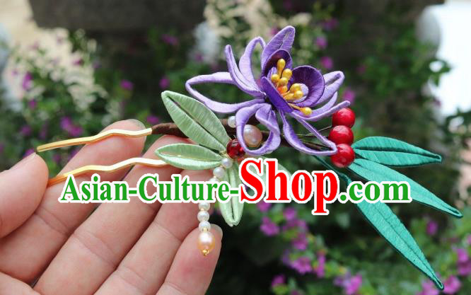 Chinese Ancient Princess Purple Silk Flower Hair Stick Handmade Song Dynasty Court Pearls Hairpin Chinese Ancient Princess Purple Silk Flower Hair Stick Handmade Song Dynasty Court Pearls Hairpin