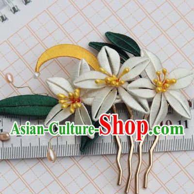 Chinese Ancient Young Beauty Hair Comb Handmade Song Dynasty Court Silk Moon Flowers Hairpin