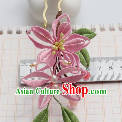Chinese Ancient Princess Pink Silk Lily Flowers Hair Stick Handmade Song Dynasty Palace Lady Hairpin