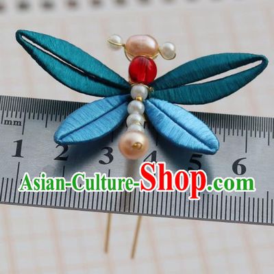 Chinese Ancient Princess Blue Silk Hair Stick Handmade Song Dynasty Pearls Dragonfly Hairpin