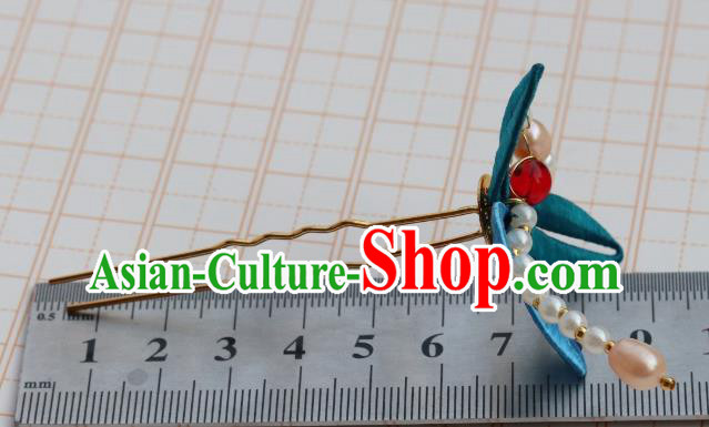 Chinese Ancient Princess Blue Silk Hair Stick Handmade Song Dynasty Pearls Dragonfly Hairpin Chinese Ancient Princess Blue Silk Hair Stick Handmade Song Dynasty Pearls Dragonfly Hairpin