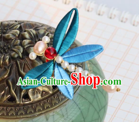 Chinese Ancient Princess Blue Silk Hair Stick Handmade Song Dynasty Pearls Dragonfly Hairpin Chinese Ancient Princess Blue Silk Hair Stick Handmade Song Dynasty Pearls Dragonfly Hairpin