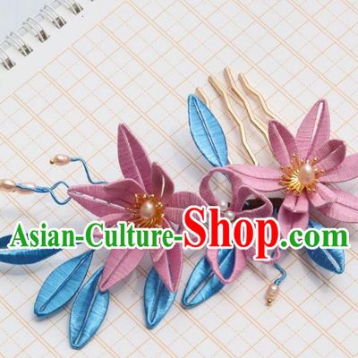 Chinese Handmade Pink Silk Epiphyllum Hair Comb Ancient Song Dynasty Princess Pearls Hairpin
