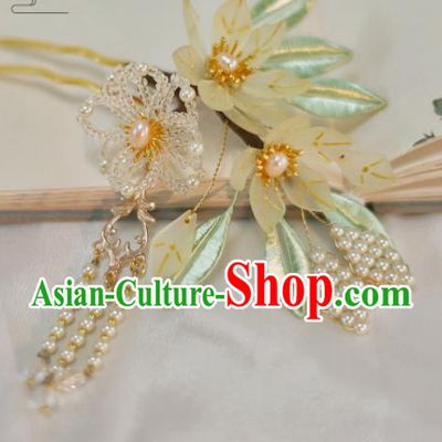 Chinese Handmade Beads Flowers Hair Stick Ancient Ming Dynasty Princess Pearls Tassel Hairpin