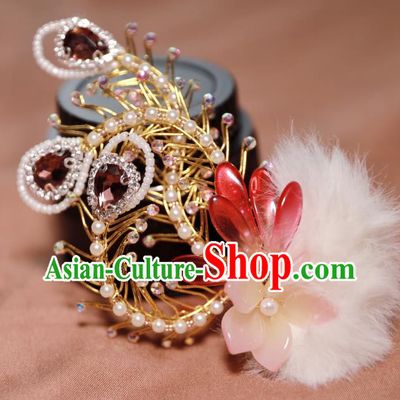 Chinese Handmade Pearls Phoenixl Hair Stick Ancient Ming Dynasty Noble Lady Red Crystal Hairpin