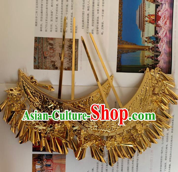 Chinese Handmade Golden Hairpins Ancient Tang Dynasty Princess Hair Accessories Full Set Chinese Handmade Golden Hairpins Ancient Tang Dynasty Princess Hair Accessories Full Set