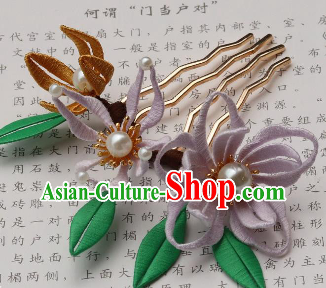 Chinese Handmade Pearls Hair Stick Ancient Ming Dynasty Princess Silk Orchids Hair Comb Chinese Handmade Pearls Hair Stick Ancient Ming Dynasty Princess Silk Orchids Hair Comb