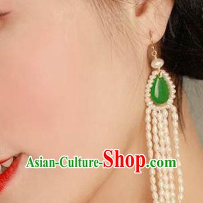 China National Pearls Tassel Earrings Traditional Cheongsam Jade Ear Jewelry