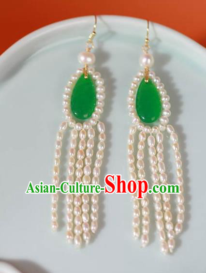 China National Pearls Tassel Earrings Traditional Cheongsam Jade Ear Jewelry China National Pearls Tassel Earrings Traditional Cheongsam Jade Ear Jewelry