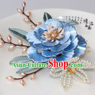 Chinese Traditional Ming Dynasty Princess Blue Peony Hair Comb Ancient Noble Woman Hairpin