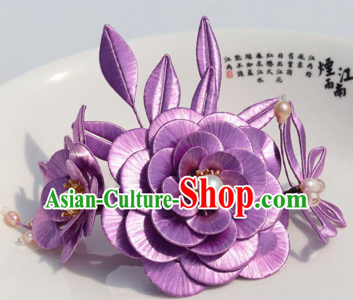 Chinese Traditional Hanfu Pearls Hair Comb Ancient Princess Lilac Camellia Hairpin Chinese Traditional Hanfu Pearls Hair Comb Ancient Princess Lilac Camellia Hairpin