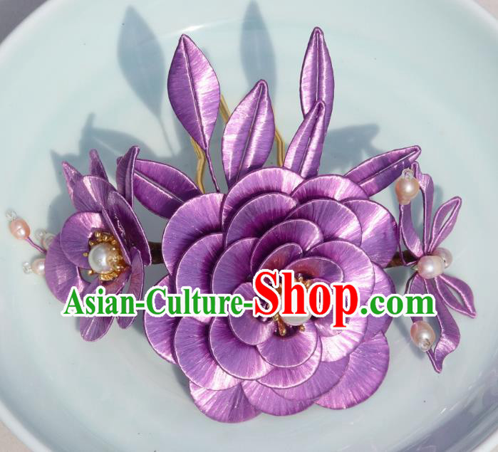 Chinese Traditional Hanfu Pearls Hair Comb Ancient Princess Lilac Camellia Hairpin Chinese Traditional Hanfu Pearls Hair Comb Ancient Princess Lilac Camellia Hairpin