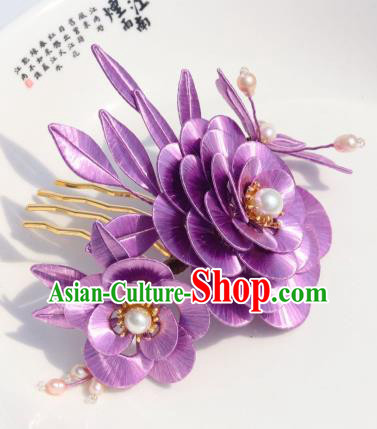 Chinese Traditional Hanfu Pearls Hair Comb Ancient Princess Lilac Camellia Hairpin Chinese Traditional Hanfu Pearls Hair Comb Ancient Princess Lilac Camellia Hairpin