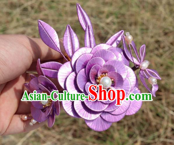 Chinese Traditional Hanfu Pearls Hair Comb Ancient Princess Lilac Camellia Hairpin Chinese Traditional Hanfu Pearls Hair Comb Ancient Princess Lilac Camellia Hairpin