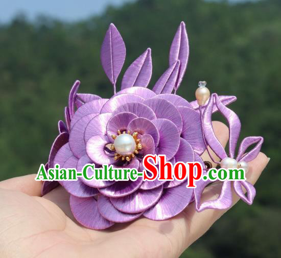Chinese Traditional Hanfu Pearls Hair Comb Ancient Princess Lilac Camellia Hairpin Chinese Traditional Hanfu Pearls Hair Comb Ancient Princess Lilac Camellia Hairpin