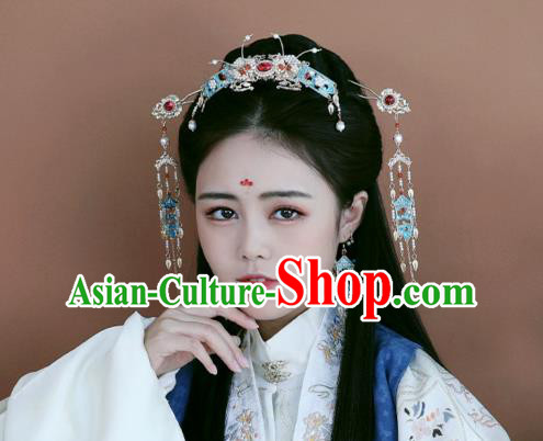 Chinese Ancient Princess Tassel Hairpins Traditional Ming Dynasty Cloisonne Hair Accessories Full Set Chinese Ancient Princess Tassel Hairpins Traditional Ming Dynasty Cloisonne Hair Accessories Full Set
