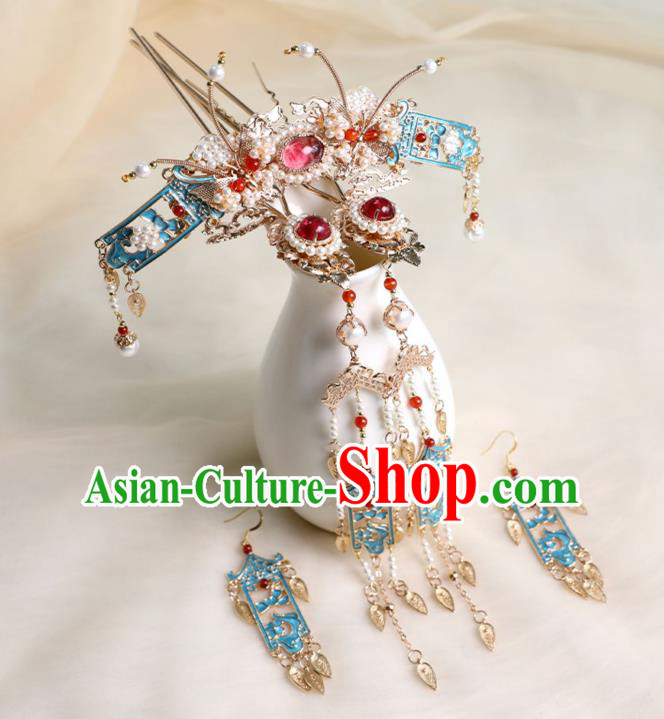 Chinese Ancient Princess Tassel Hairpins Traditional Ming Dynasty Cloisonne Hair Accessories Full Set Chinese Ancient Princess Tassel Hairpins Traditional Ming Dynasty Cloisonne Hair Accessories Full Set