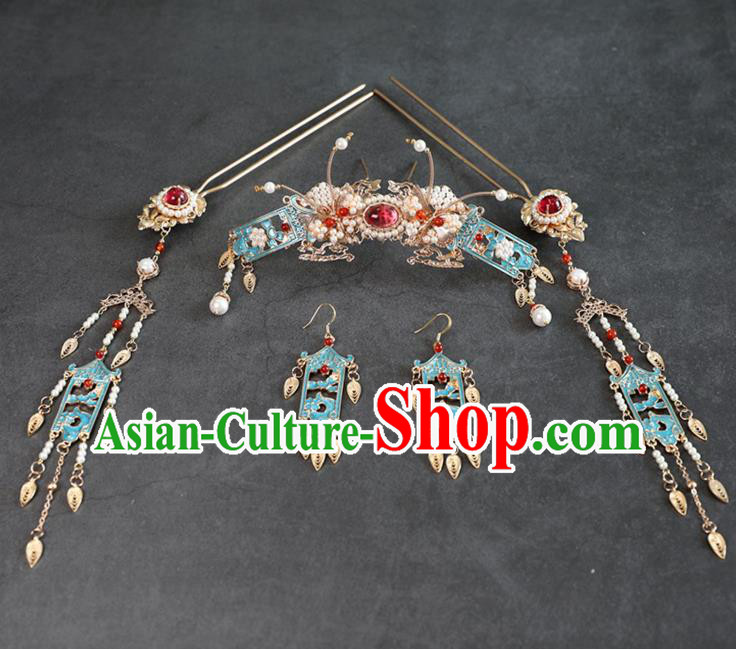 Chinese Ancient Princess Tassel Hairpins Traditional Ming Dynasty Cloisonne Hair Accessories Full Set Chinese Ancient Princess Tassel Hairpins Traditional Ming Dynasty Cloisonne Hair Accessories Full Set