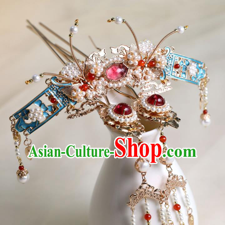 Chinese Ancient Princess Tassel Hairpins Traditional Ming Dynasty Cloisonne Hair Accessories Full Set Chinese Ancient Princess Tassel Hairpins Traditional Ming Dynasty Cloisonne Hair Accessories Full Set