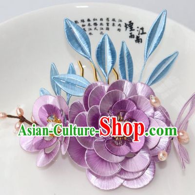 Chinese Ancient Princess Lilac Silk Camellia Hairpin Traditional Hanfu Pearls Hair Comb