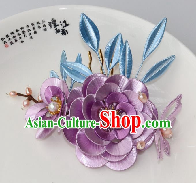 Chinese Ancient Princess Lilac Silk Camellia Hairpin Traditional Hanfu Pearls Hair Comb Chinese Ancient Princess Lilac Silk Camellia Hairpin Traditional Hanfu Pearls Hair Comb
