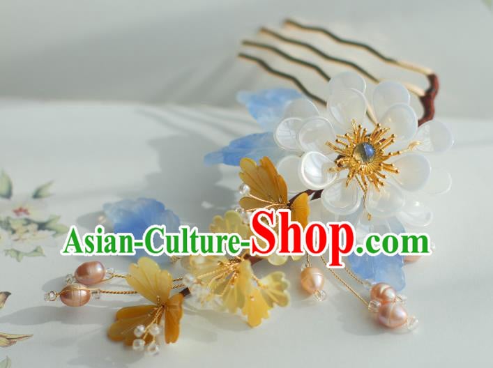 Chinese Handmade Classical White Flower Hair Comb Ancient Ming Dynasty Princess Shell Pearls Hairpin Chinese Handmade Classical White Flower Hair Comb Ancient Ming Dynasty Princess Shell Pearls Hairpin