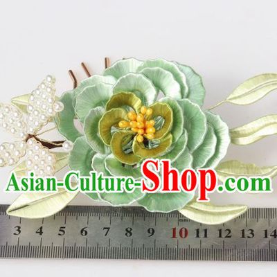 Chinese Ancient Princess Green Silk Camellia Hairpin Traditional Hanfu Pearls Butterfly Hair Comb