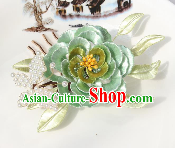 Chinese Ancient Princess Green Silk Camellia Hairpin Traditional Hanfu Pearls Butterfly Hair Comb Chinese Ancient Princess Green Silk Camellia Hairpin Traditional Hanfu Pearls Butterfly Hair Comb
