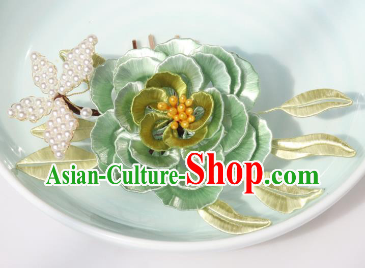 Chinese Ancient Princess Green Silk Camellia Hairpin Traditional Hanfu Pearls Butterfly Hair Comb Chinese Ancient Princess Green Silk Camellia Hairpin Traditional Hanfu Pearls Butterfly Hair Comb