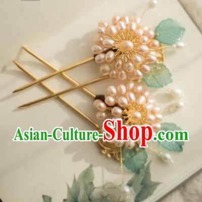 Chinese Handmade Pearls Chrysanthemum Hair Stick Ancient Ming Dynasty Princess Hairpin