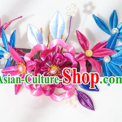 Chinese Ancient Princess Rosy Silk Peony Hairpin Traditional Hanfu Pearls Hair Comb