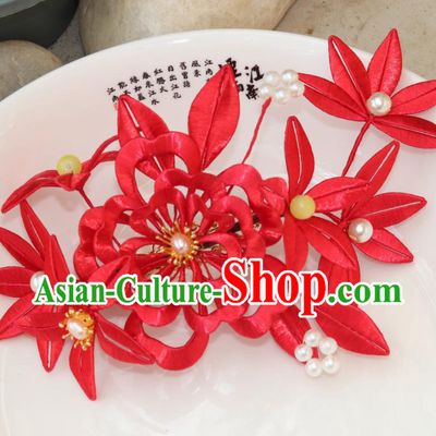 Chinese Traditional Song Dynasty Pearls Hair Comb Ancient Princess Red Silk Peony Hairpin