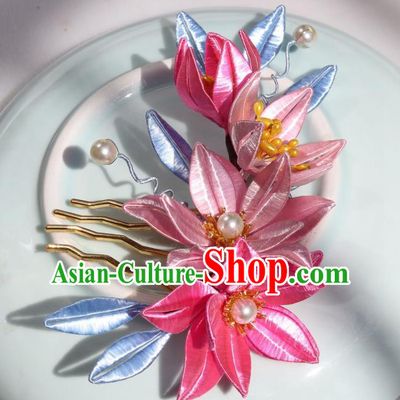 Chinese Traditional Song Dynasty Palace Lady Hair Comb Ancient Princess Pink Silk Epiphyllum Hairpin
