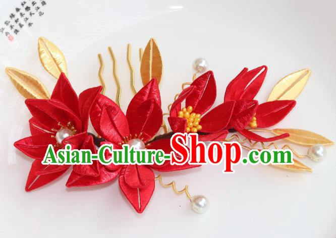 Chinese Ancient Bride Pearls Hairpin Traditional Song Dynasty Red Silk Lily Flowers Hair Comb Chinese Ancient Bride Pearls Hairpin Traditional Song Dynasty Red Silk Lily Flowers Hair Comb