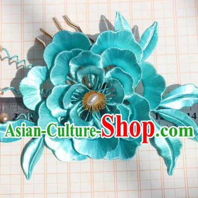 Chinese Ancient Court Princess Hairpin Traditional Ming Dynasty Blue Silk Peony Hair Comb Headpiece