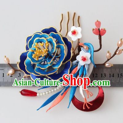 Chinese Ancient Palace Lady Plum Hair Stick Traditional Ming Dynasty Royalblue Silk Peony Hair Comb