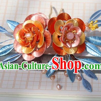 Chinese Traditional Song Dynasty Orange Silk Camellia Hair Comb Headwear Ancient Palace Princess Hairpin