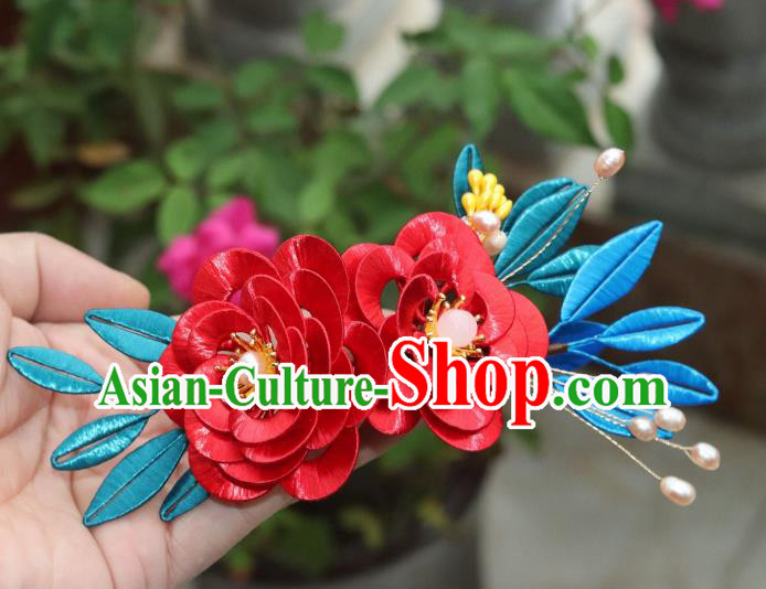 Chinese Ancient Young Lady Red Silk Camellia Hairpin Traditional Song Dynasty Wedding Hair Stick Chinese Ancient Young Lady Red Silk Camellia Hairpin Traditional Song Dynasty Wedding Hair Stick