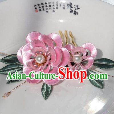 Chinese Ancient Court Princess Pearls Hairpin Traditional Ming Dynasty Pink Silk Peony Hair Comb