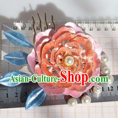 Chinese Ancient Imperial Concubine Hairpin Traditional Tang Dynasty Court Lady Pink Peony Hair Comb