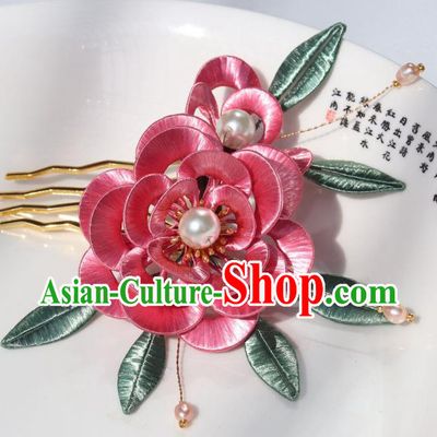 Chinese Ancient Imperial Concubine Hairpin Traditional Ming Dynasty Peach Pink Peony Hair Comb